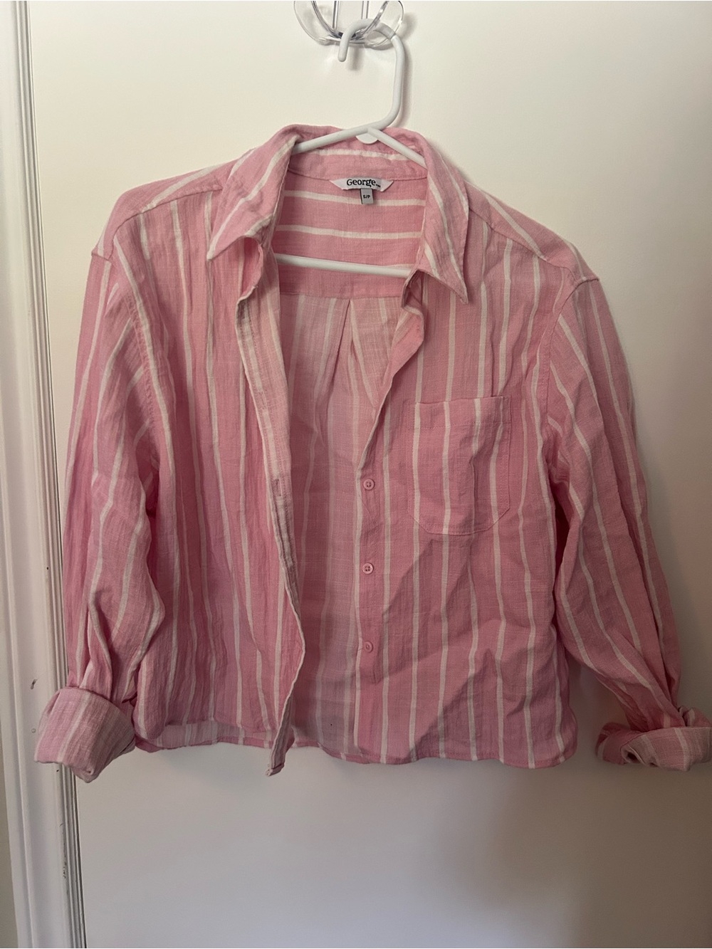 George Pink and White Striped Casual Button Shirt